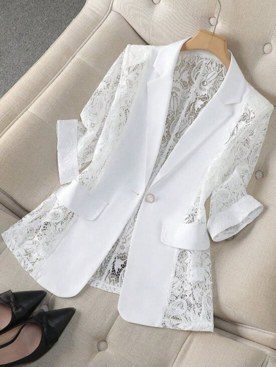 Jackets & Blazers - White Elegant Women's Sheer Blazer Jacket 3/4 Sleeve Casual Office Wear